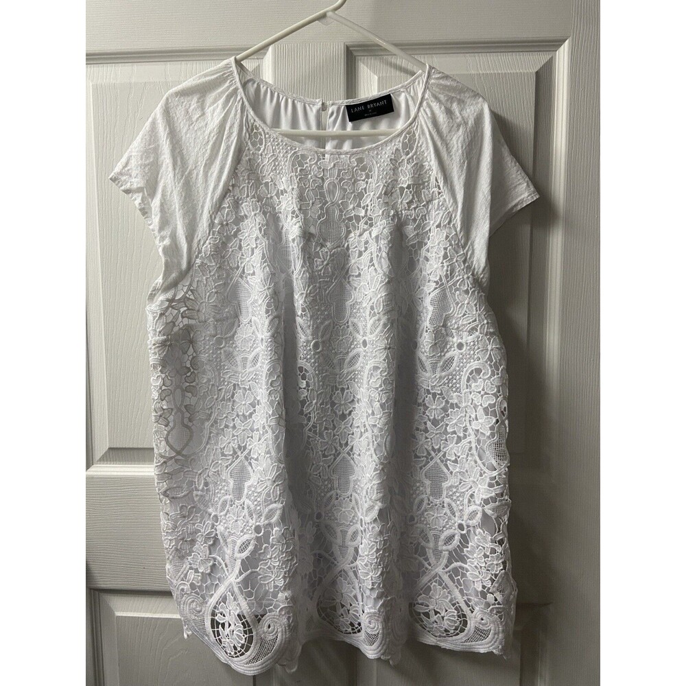 Lane Bryant Lace Front Top Womens Plus 18 White Cap Sleeved Round Neck Blouse